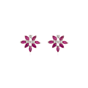925 Sterling <b>Silver</b> Natural Ruby & Diamond Floral Motif Classy <b>Stud</b> <b>Earrings</b> For Women July Birthstone Gift - Product Image 1