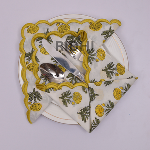 Serviettes de table en coton jaunes à motifs floraux imprimés à la main avec broderie, serviettes réutilisables faites à la main pour mariage, hôtel, approvisionnement en gros - Product Image 1