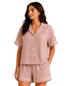 Customized Dusty Pink Women Pajama Set Short Sleeve Button <b>Down</b> Nightwear Soft Breathable Summer Sleepwear Casual Lounge Set - Product Image 1