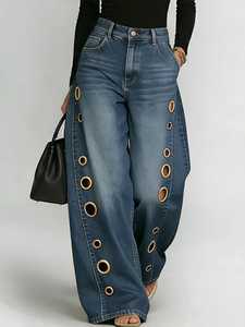Jean taille haute à jambe large, longueur intégrale, en denim bleu uni, style décontracté avec découpes, délavé, en coton tissé, pantalon pour femme - Product Image 1