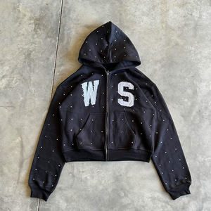 WS Applique Embroidery Patch Hoodies for Men and <b>Women</b> Custom Design Hip Hop High Streetwear Rhinestone Cropped Zipper <b>Hoodie</b> - Product Image 5