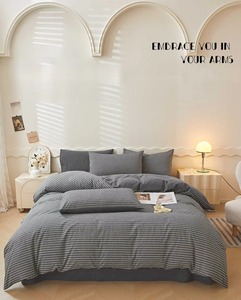 Housse de couette rayée noir et blanc simple avec bordure cousue rouge, ensemble de literie pour la maison - Product Image 5