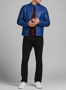 Blouson moto unisexe en cuir PU bleu, col rabattable, fermeture éclair, coupe ajustée, manches classiques, couleur unie, vêtement d'hiver, séchage rapide - Product Image 2