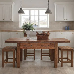 โต๊ะรับประทานอาหารไม้เนื้อแข็งคุณภาพดี พร้อมลิ้นชักเก็บของในตัว ชุดเฟอร์นิเจอร์ครัวสไตล์บ้านไร่แบบเรียบง่าย พร้อมม้านั่งไม้เข้าชุด - Product Image 2