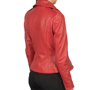 Chaqueta de Moto para Mujer, de Cuero Vacuno Genuino, Resistente al Viento, Color Rojo, Manga Larga, Cierre de Cremallera, Cuello Camisero, Estilo Invernal - Product Image 2