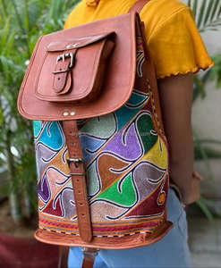 Mochila De cuero de cabra auténtico Unisex, morral de alta calidad hecho a mano con bordado Vintage, Multicolor - Product Image 5