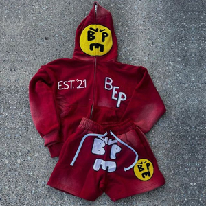 Conjunto de dos piezas unisex personalizado de algodón grueso con capucha y cremallera, pantalones cortos tipo jogger y parche bordado de aplique, chándal de felpa. - Product Image 2