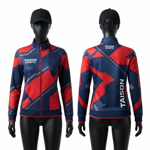 Veste de golf pour femmes en polyester haute performance 280 GSM, à capuche, en polaire, imperméable, avec design à panneaux rouge et bleu marine, impression personnalisée - Product Image 1