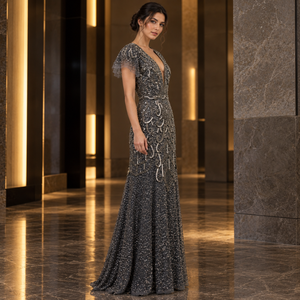 Distinctive <b>Black</b> Embellished Evening Gown Plunging V Neck | Sheer Cap Sleeves Paisley Beadwork <b>Floor</b> <b>Length</b> A-Line Party <b>Dress</b> - Product Image 3