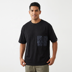 Men's Oversized Black Cotton T-<b>Shirt</b> With Contrast <b>Pockets</b> Short Sleeve O-Neck Casual Jersey Fit - Product Image 2