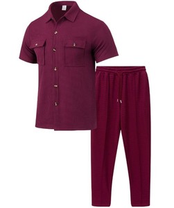Men's Green Short Sleeve Shirt And Long <b>Pants</b> Casual Two-Piece Set Turn-<b>Down</b> Collar Breathable Knitted Cotton Summer Wear - Product Image 6