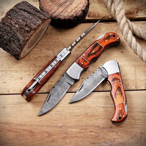 Couteau de poche pliant à verrouillage en acier Damas de qualité industrielle UA Supplies, manche en bois personnalisé OEM, couteau de chasse EDC pour l'extérieur - Product Image 3