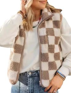 Chaleco Premium para Mujer con Diseño a Cuadros, Cuello Redondo, Cierre Completo, Sin Mangas, Ropa Exterior Informal de Forro Polar, Patrón Geométrico - Product Image 1