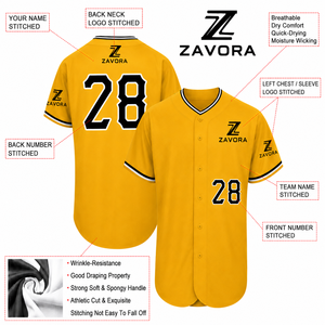 Maillot de baseball jaune doré pour homme, personnalisable avec nom d'équipe et numéro de joueur, col en V, manches courtes, boutons sur le devant, contraste - Product Image 3