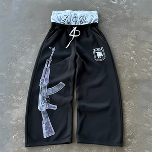 Pantalon Street Guard Y2K taille haute, imprimé et brodé, effet usé, coupe large décontractée, devant plat, 100% Coton, Printemps-Été - Product Image 4