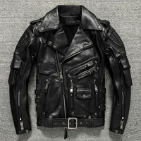 Herren Vintage Distressed Leder-Motorradjacke mit Mehreren Taschen, Gürtel und Robuster Hardware