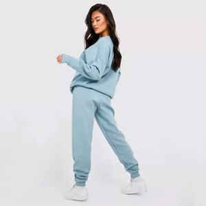 <b>Women</b> Light Blue Solid <b>Fleece</b> Tracksuit Set Full Sleeve Crew Neck Loose Fit Casual All Seasons <b>Joggers</b> With Pocket - Product Image 1