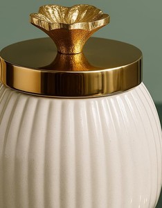 Metal Decorative Jar Golden Lid White <b>Ribbed</b> Storage Container Modern Design Wedding Occasion Flower Knob Home Tabletop Decor - Product Image 4