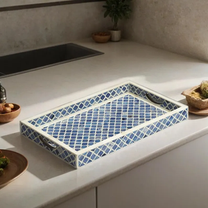 Plateau décoratif en os bleu incrusté – Plateau de service artisanal pour table basse, cuisine et décoration bohème par PERFECT ENTERPRISES - Product Image 4