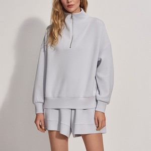 Sweat-shirt pour femme grande taille à demi-zip, le plus vendu en gros, avec capuche à quart de zip, épaules tombantes, en tissu tricoté délavé, logo personnalisé - Product Image 1