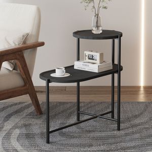 Black Wooden 2-Tier Oval End <b>Tables</b> <b>with</b> <b>Storage</b> Tray <b>Round</b> Coffee <b>Table</b> and Small <b>Side</b> <b>Table</b> for Living Room Console <b>Tables</b> - Product Image 1