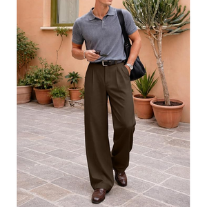 <b>Men's</b> <b>Brown</b> Wide Leg Pleated Trousers High Waist Casual Anti-Wrinkle Polyester Pants Autumn Style - Product Image 5