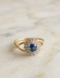 Bague de mariage de luxe pour femme en or massif 14 carats, 2,735 g, onyx bleu, taille brillant rond, sertie pavé, motif floral - Product Image 1
