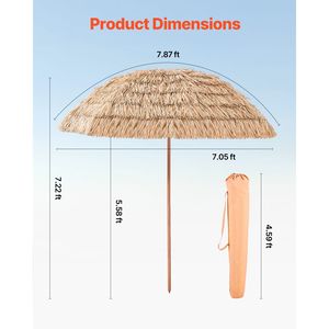 Ombrellone Tiki Hawaiano da 2,4 m con Inclinazione, Tetto in Paglia Sintetica PP Resistente e 8 Stecche Metalliche, Parasole da Patio e Spiaggia con Raggi di 2,7 m, 2 m, 3 m - Product Image 3