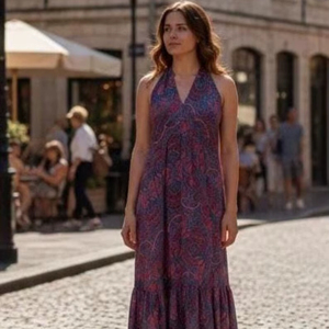 Vintage Handmade Silk Maxi Dress Paisley Halter Neck Boho Hippie With Embroideries v Neck <b>Strap</b> Loose Dress Wear Midi Maxi Dress - Product Image 1