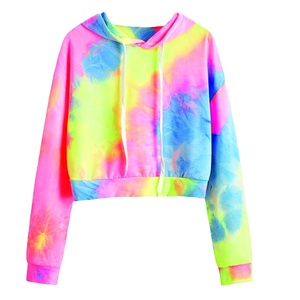 Women Tie Dye Cropped Hoodie Regular Sleeve Short Length Knitted Cotton Casual Summer Wear <b>Rainbow</b> Pattern Hooded Sweatshirt - Product Image 1