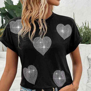 T-shirt pour femme noir à imprimé cœur en strass, coupe ample, décontracté, manches courtes, col rond, à porter au printemps et en été - Product Image 6