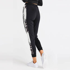 <b>Women's</b> High Waist <b>Black</b> Floral Print Side Stripe Skinny Ankle-Length Joggers Casual Drawstring Pants Spring Spandex Polyester - Product Image 3