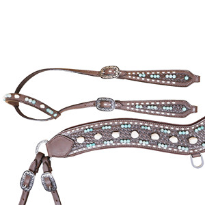 Western Headstall and Breastplate Set With <b>Turquoise</b> <b>Beaded</b>, White and Teal Stone Decorated Rawhide Stitching. - Product Image 4