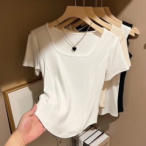Camiseta de manga corta con cuello cuadrado y diseño de espina de pescado para mujer, ajuste ceñido, estilo casual, ideal para el verano, venta al por mayor, precio de fábrica de Bangladesh y China. - Product Image 6
