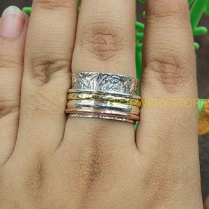 Anillo Giratorio Hecho a Mano de Plata de Ley 925, Latón y Cobre, Anillo Giratorio de Meditación, Anillo Boho Ancho para Aliviar la Ansiedad, Joyería Unisex, Regalo - Product Image 2