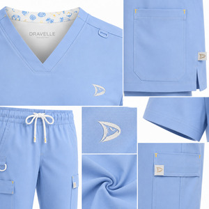 DRAVELLE Ensemble de blouses bleu clair pour femmes, haut à col en V avec poches et pantalon cargo, uniformes d'hôpital - Product Image 6