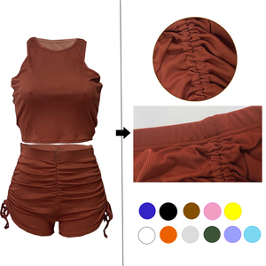 Women's Gray Ribbed 2 Piece <b>Set</b> Halter Top With Zipper Shorts <b>Sexy</b> Club Wear Spring Summer Outfit - Product Image 5