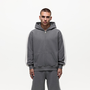 Sweat-shirt à capuche surdimensionné pour homme en molleton gris uni, coupe classique, décontracté, pour l'automne, avec poches, en coton tricoté - Product Image 3