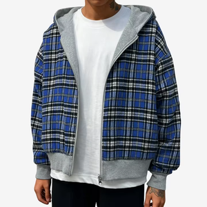 Vente en gros Sweat à capuche zippé pour homme, style urbain, épais, coupe oversize et carrée, double couche, réversible à carreaux - Product Image 2