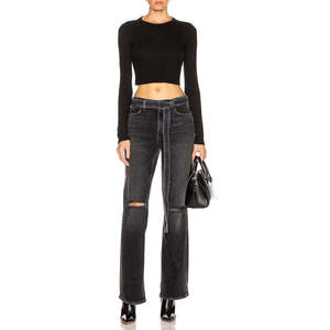 Jean en denim déchiré et délavé taille haute à jambe large pour femme grande taille, style décontracté, 100 % coton - Product Image 2