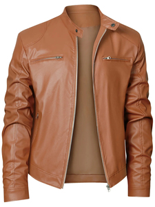 Chaqueta de cuero genuino azul para hombre, tejida, con logo frontal, capucha, cuello alto, cremallera, estilo motero, corte ajustado, color liso, primavera - Product Image 2
