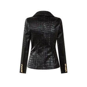 Modern Woman's Notched Double Breasted Gold <b>Button</b> Slim Blazer Cow Skin Bonded Jacket - Product Image 2