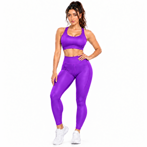 Ensemble 2 pièces pour femme : Soutien-gorge de sport dos nageur et Legging taille haute, sans couture, longueur intégrale, violet uni, en Spandex/Polyester, avec cordon de serrage, pour le yoga - Product Image 1