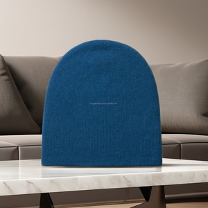 Unisex Winter Beanie Hand Knitted Solid Peacock Blue Cashmere Reversible Hat with Stylish Stripes Custom Logo Factory Wholesale - Product Image 1