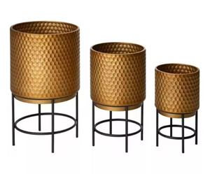 Maceta redonda de hierro con soporte plegable, color negro y dorado, macetas de metal de calidad estándar. - Product Image 4