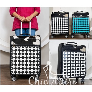Premium Cowhide Checkered Leather Rolling Suitcases Custom Handmade Multi-Functional Travel <b>Trolley</b> Bag with Spinner Wheels - Product Image 1