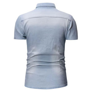 Camisa de Mezclilla Azul Claro para Hombre, Manga Corta, Corte Ajustado, Cuello Camisero, Bolsillos en el Pecho, Informal, Verano, 100% Algodón, Transpirable - Product Image 4