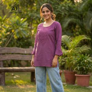 Kurtis Cortos de Rayón Pesado con Estampado Chikankari para Uso Diario y Casual, Túnica de Corte Regular, Kurtis Elegantes - Product Image 2