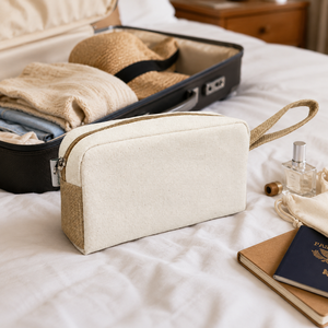 Pochette cosmétique personnalisée en toile de coton et jute avec fermeture éclair, sac de maquillage, organiseur de toilette de voyage, vente en gros, OEM, ODM, marque privée, export en vrac - Product Image 6