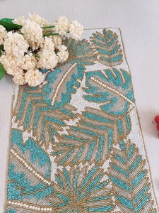 Handmade Bohemian Fabric <b>Table</b> <b>Runner</b> Rectangle Teal <b>Gold</b> Leaf Design Luxury Style Eco-Friendly Lightweight Durable Mats Pads - Product Image 4